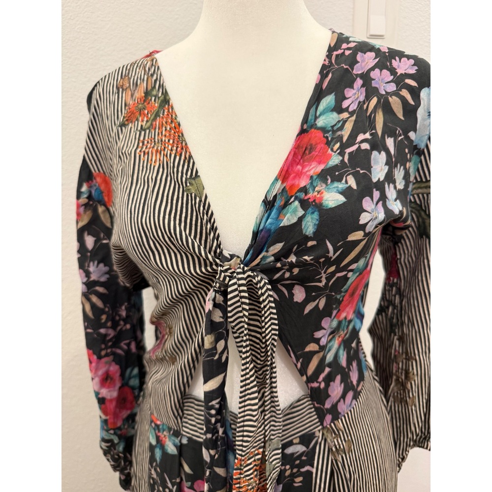 MAHILA by Tolani Annie Botanic Dress Maxi Mixed Print Tie Front Long Sleeve S - Picture 3 of 8